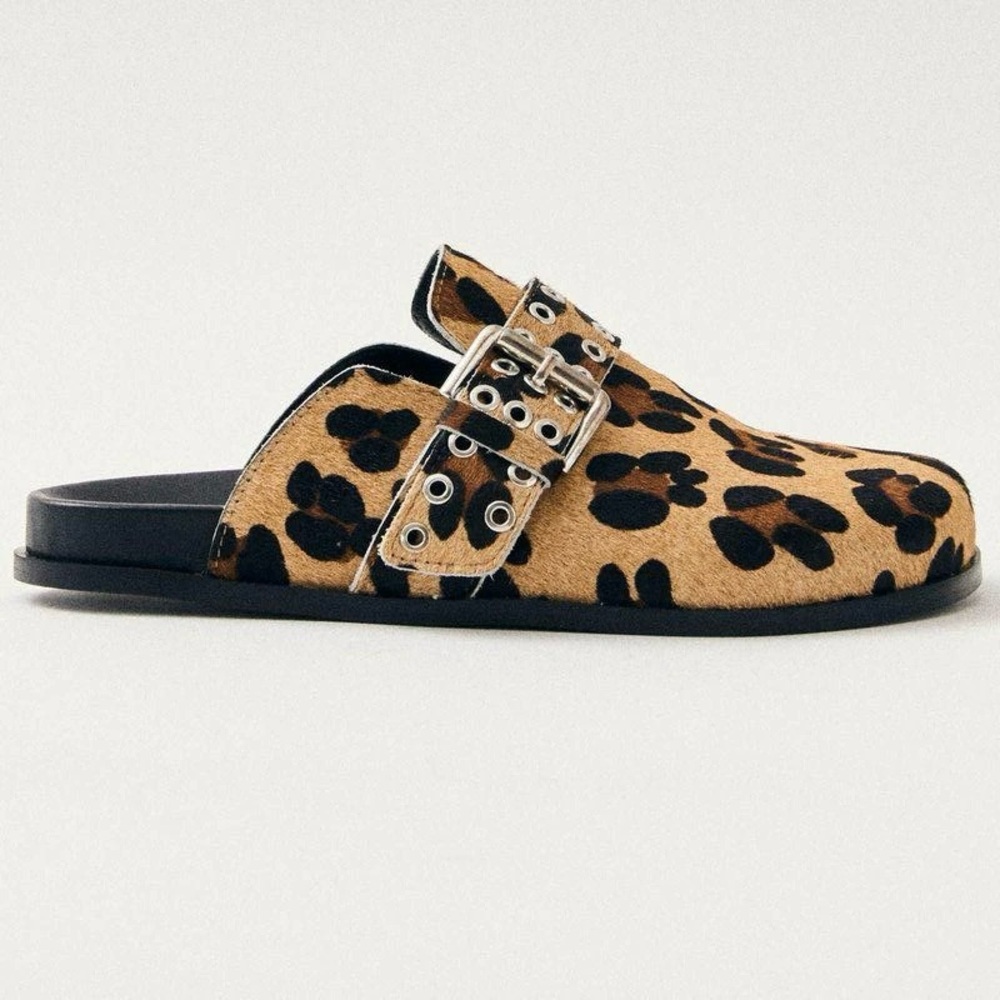 NWT New ALOHA Halia Mules Leopard Print Women's Clogs Slippers Cowhide / Leather